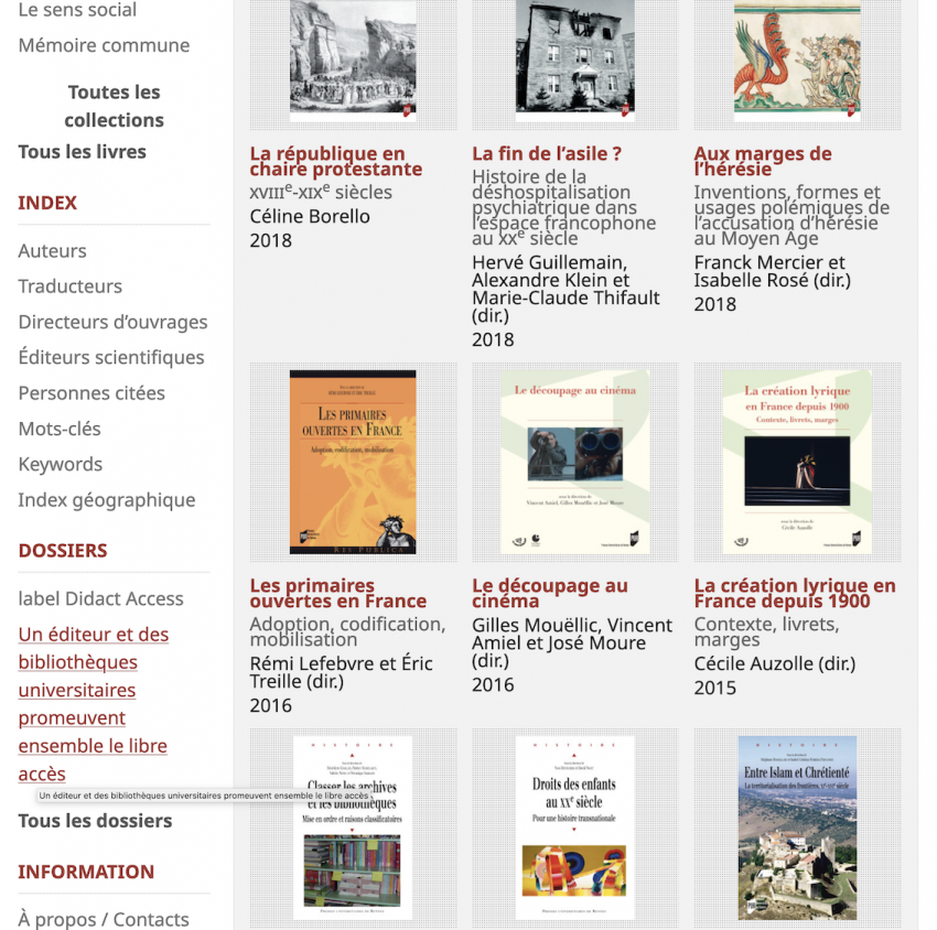 Copie d'écran du site des pUR sur Open Edition Books.